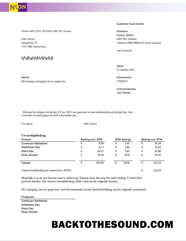 İndir Hollanda NUON Gaz Fatura Fatura in Word and PDF Format in Dutch language Örnek taslak