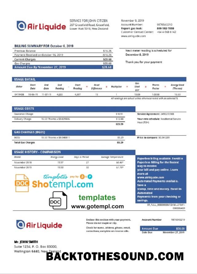 İndir Yeni Zelanda Air Liquide Gaz Fatura Fatura in Word and PDF Format Örnek ön izleme
