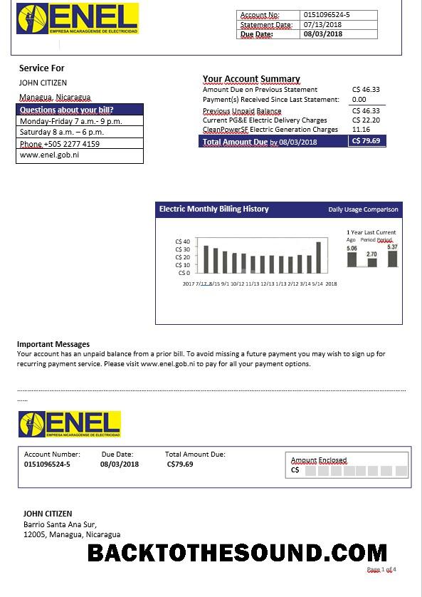 İndir Nikaragua Nicaraguan Elektrik Şirket ENEL Elektrik Fatura in Word Format Örnek taslak