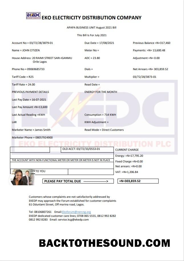 İndir Nijerya Eko Elektrik Distribution Şirket (EKEDC) Fatura Fatura in Word and PDF Format Örnek taslak