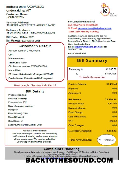 İndir Nijerya IKEJA Electric Fatura Fatura in Word and PDF Formatlar Örnek şablon