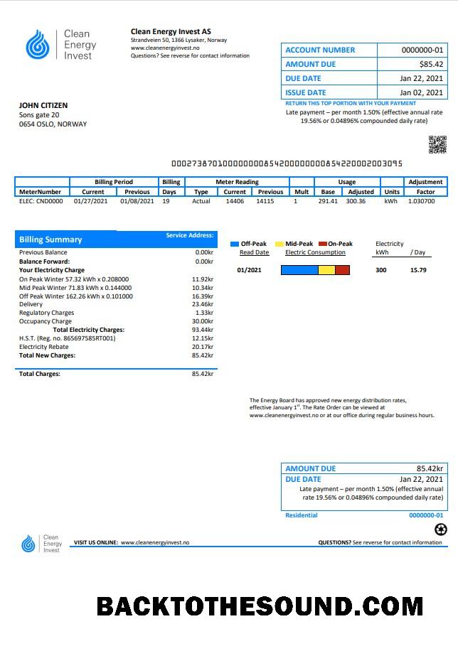 İndir Norveç Clean Energy Invest AS Fatura Fatura in Word and PDF Format, good for address prove Örnek tasarım