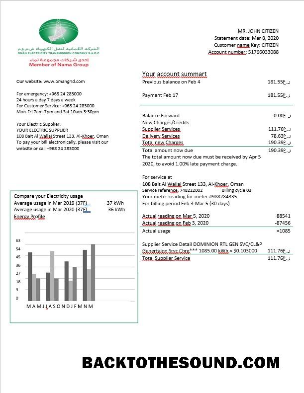 İndir Umman Umman Elektrik Transmission Şirket Elektrik Fatura in Word Format Örnek şablon