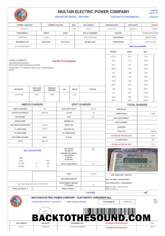 İndir Pakistan MULTAN ELECTRIC POWER Fatura Fatura Word and PDF Örnek taslak