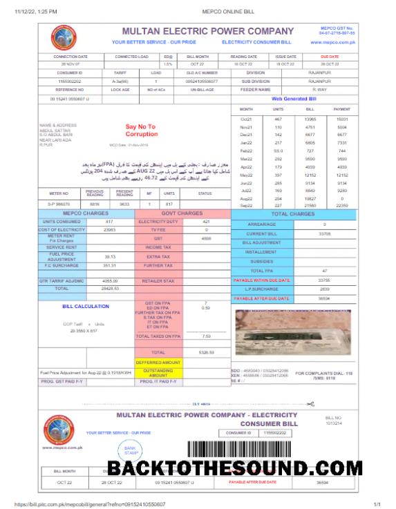 Profesyonel İndir Pakistan MULTAN ELECTRIC POWER Fatura Fatura Word and PDF Şablon, Sürüm 2 Örnek