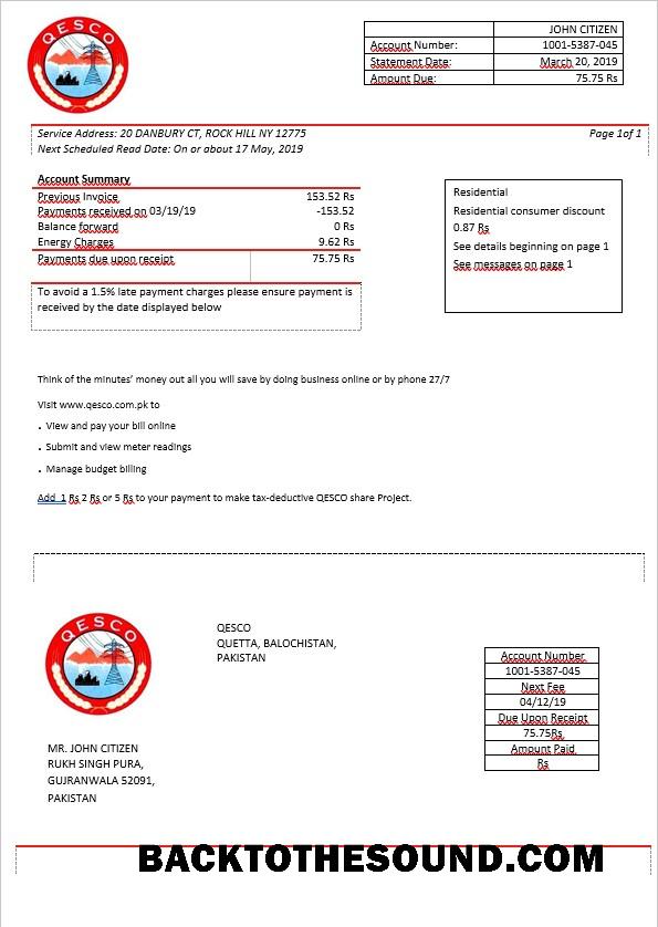 İndir Pakistan Quetta Electric Supply Şirket Elektrik Fatura in Word Format Örnek ön izleme