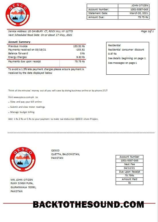 İndir Pakistan Quetta Electric Supply Şirket Elektrik Fatura Fatura in Word and PDF Format Örnek taslak