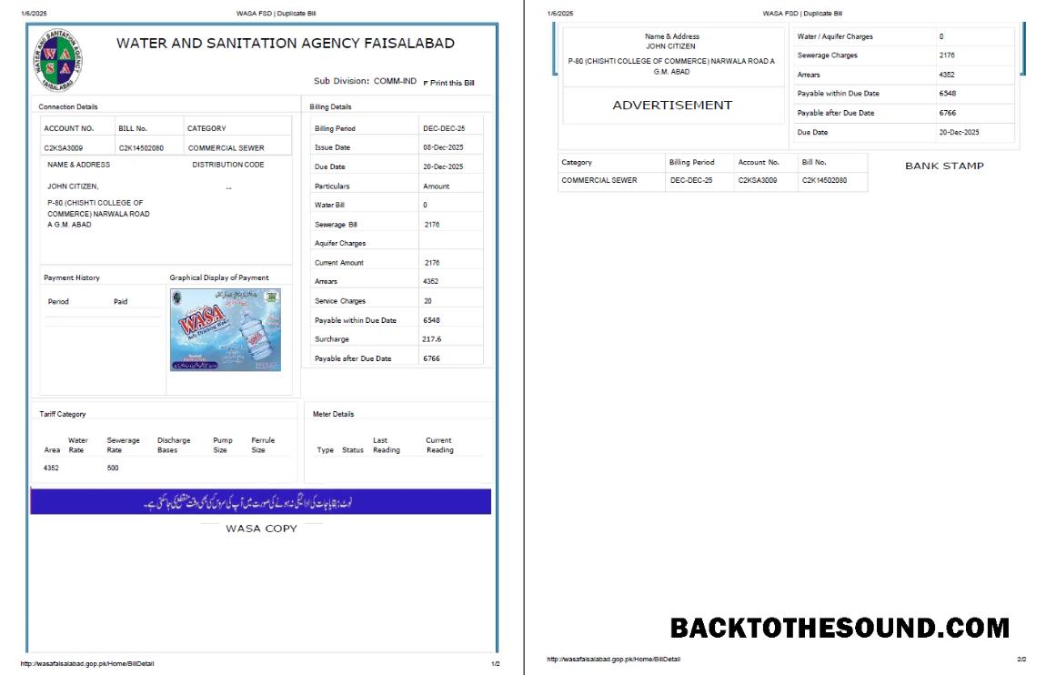 İndir Pakistan WASA Fatura Fatura in Word and PDF Formatlar, 2 pages Örnek taslak