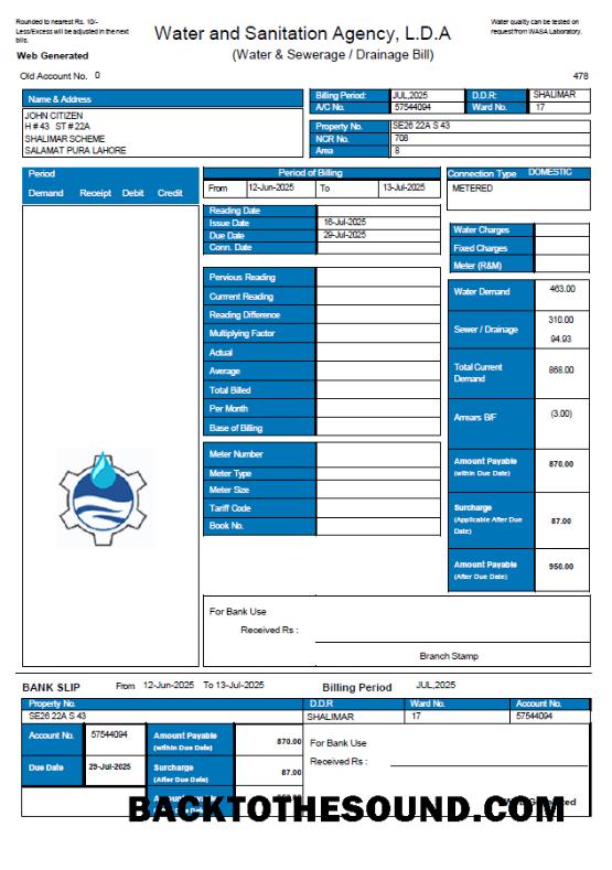 İndir Pakistan Su and Sanitation ajans (LDA) Fatura Fatura in Word and PDF Formatlar Örnek tasarım