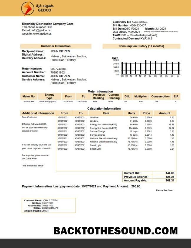 İndir Filistin Elektrik Distribution Şirket Gaza (GEDCO) Fatura Fatura in Word and PDF Format Örnek tasarım