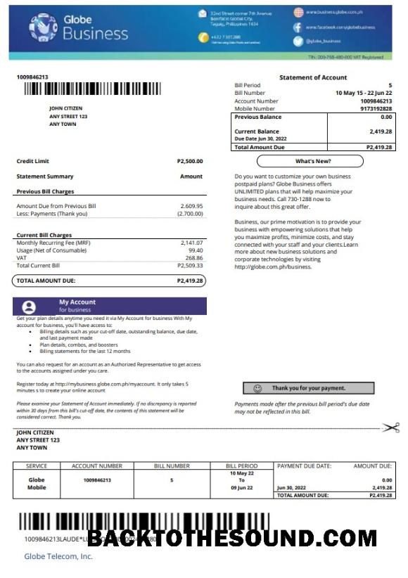 İndir Filipinler Globe Kurumsal Fatura Fatura in Word and PDF Format Örnek ön izleme