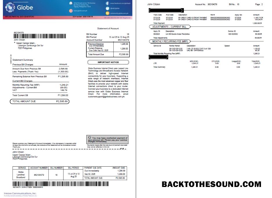 İndir Filipinler Globe Fatura Fatura in Word and PDF Formatlar, 2 pages Örnek şablon