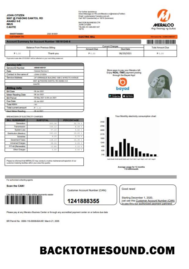 İndir Filipinler Meralco Elektrik Fatura Fatura in Word and PDF Format, Sürüm 2 Örnek şablon
