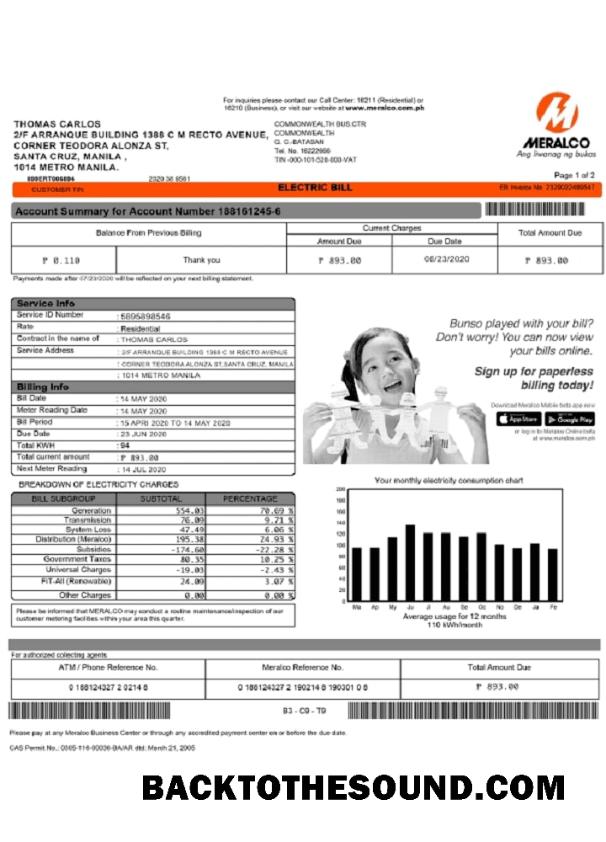 Düzenlenebilir İndir Filipinler Meralco Elektrik Fatura Fatura Şablon, fully Düzenlenebilir in PSD Format Örnek