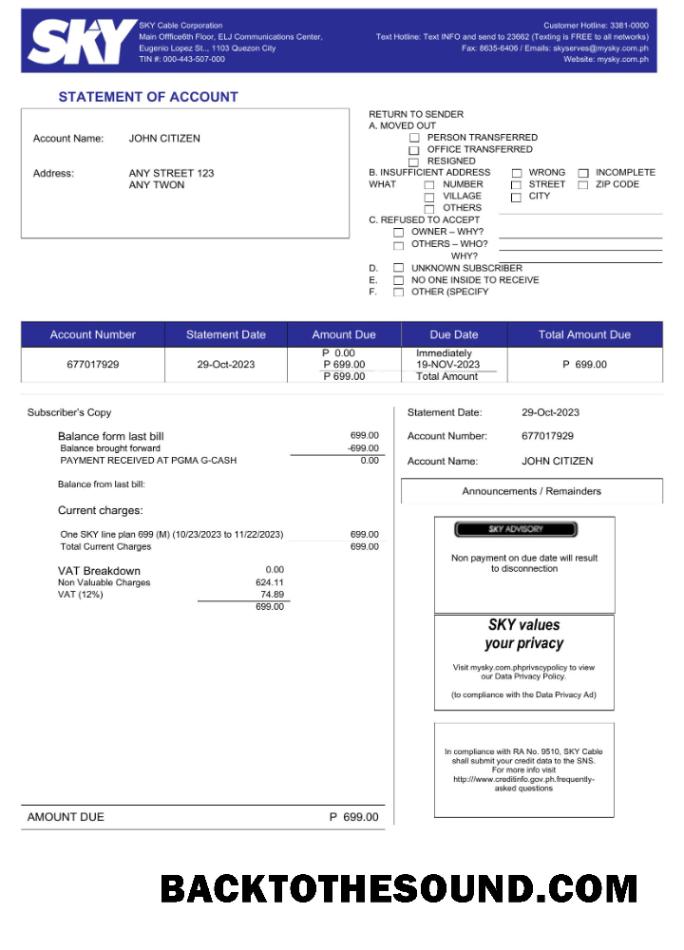 İndir Filipinler Sky Cable Corporation Fatura Fatura Word and PDF Örnek tasarım