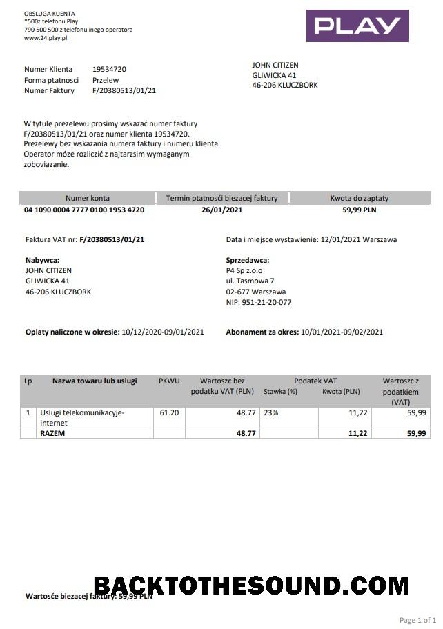 İndir Polonya Play Fatura Fatura in Word and PDF Format Örnek taslak