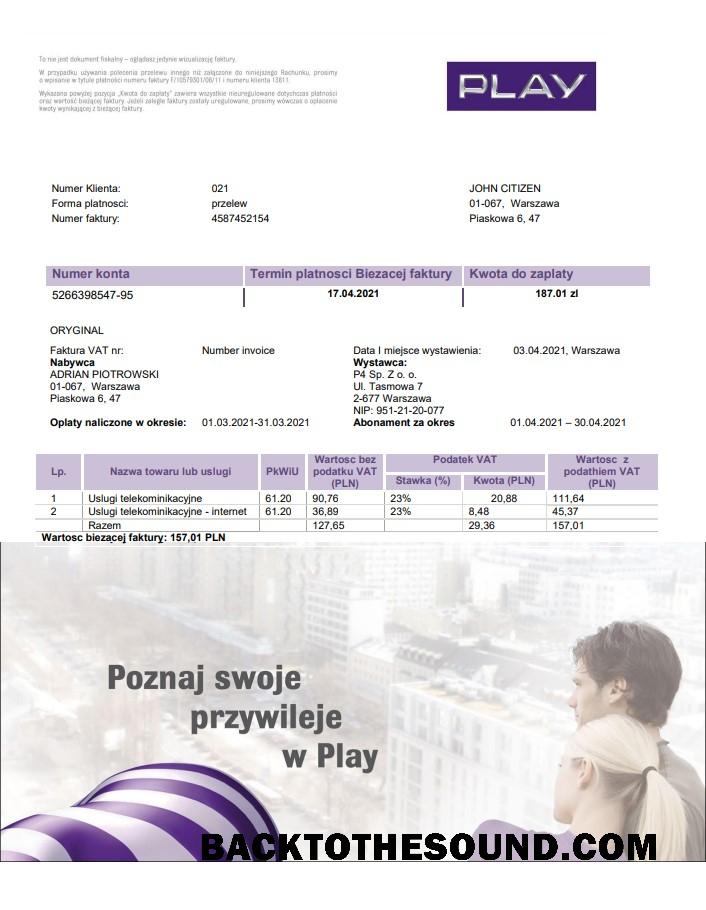 İndir Polonya Play Fatura Fatura in Word and PDF Format, fully Düzenlenebilir Örnek ön izleme