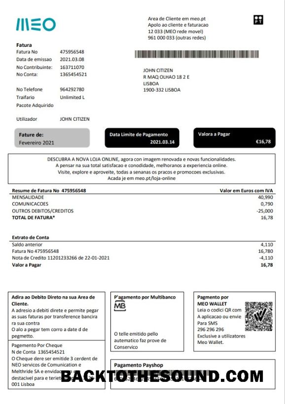 İndir Portekiz MEO Fatura Fatura in Word and PDF Format, fully Düzenlenebilir Örnek ön izleme