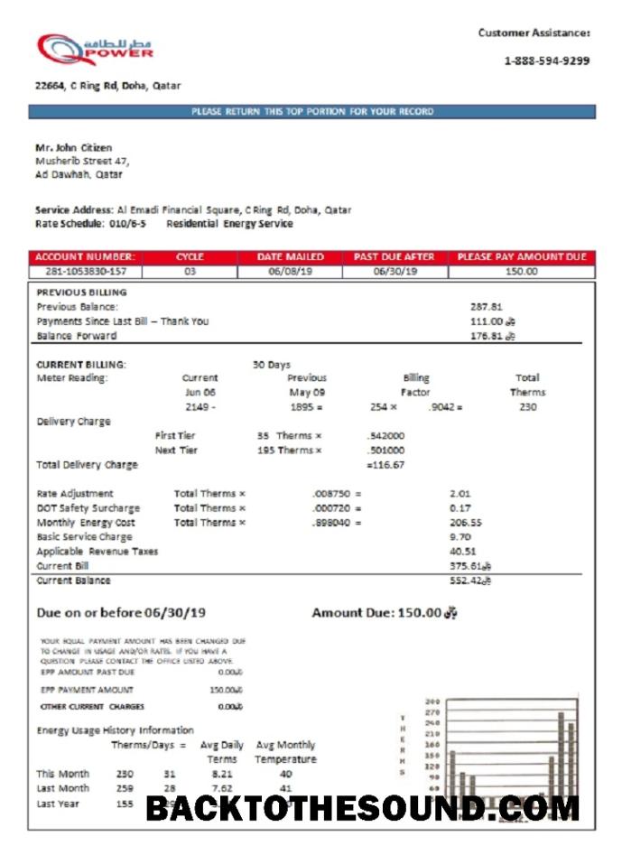 İndir Katar Power Şirket Elektrik Fatura Fatura in Word and PDF Format Örnek ön izleme