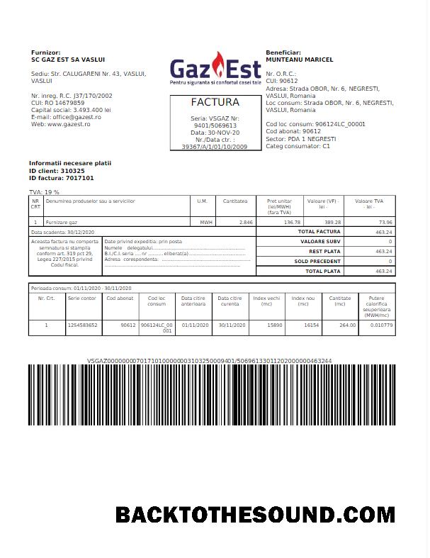 İndir Romanya GAZ EST Fatura Fatura Word and PDF Örnek tasarım
