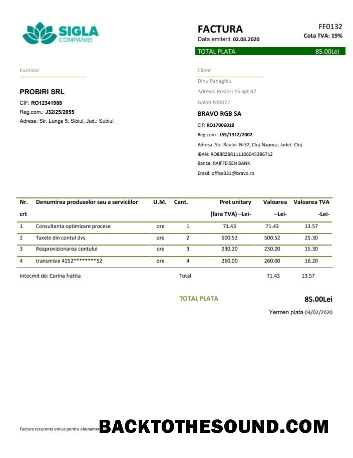İndir Romanya SIGLA COMPANIEI Fatura Fatura in Word and PDF Format Örnek şablon
