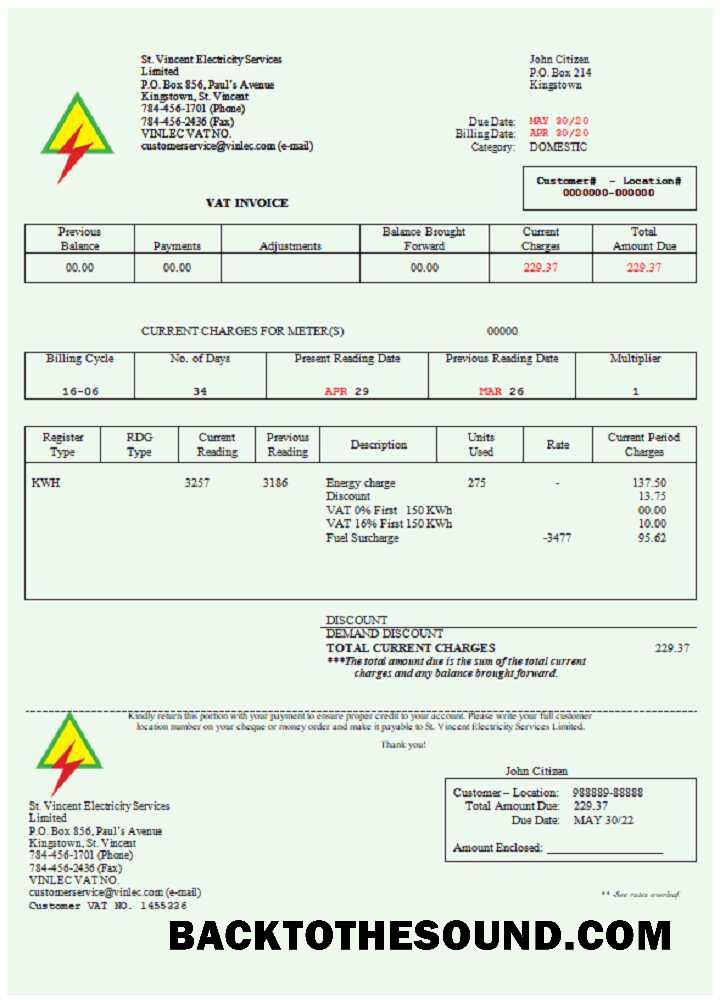 İndir Saint Vincent and the Grenadines Saint Vincent Elektrik Services Limited Fatura Fatura Word and PDF Örnek ön izleme