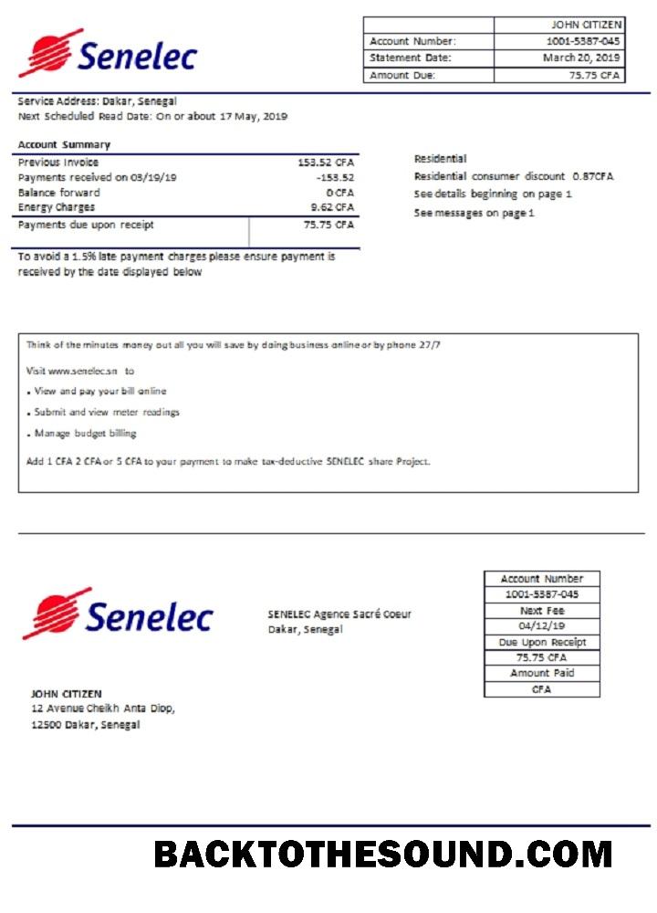 İndir Senegal Senelec Agence Sacré Coeur Şirket Elektrik Fatura Fatura in Word and PDF Format Örnek tasarım