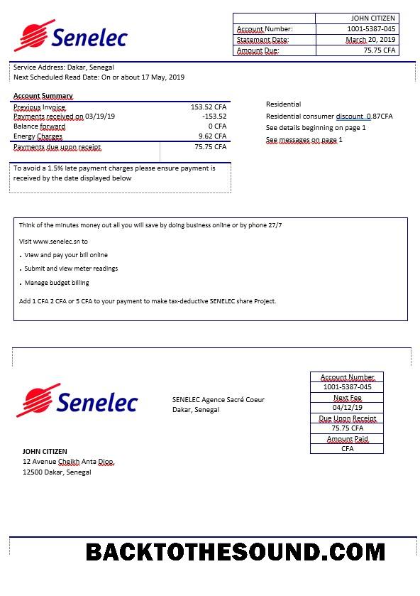 İndir Senegal Senelec Agence Sacré Coeur Elektrik Fatura in Word Format Örnek ön izleme