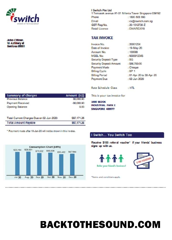 İndir Singapur I Switch Elektrik Fatura Fatura in Word and PDF Format Örnek taslak