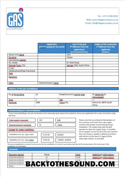 İndir Güney Afrika The Gaz Şirket Gaz Fatura in Word Format Örnek tasarım