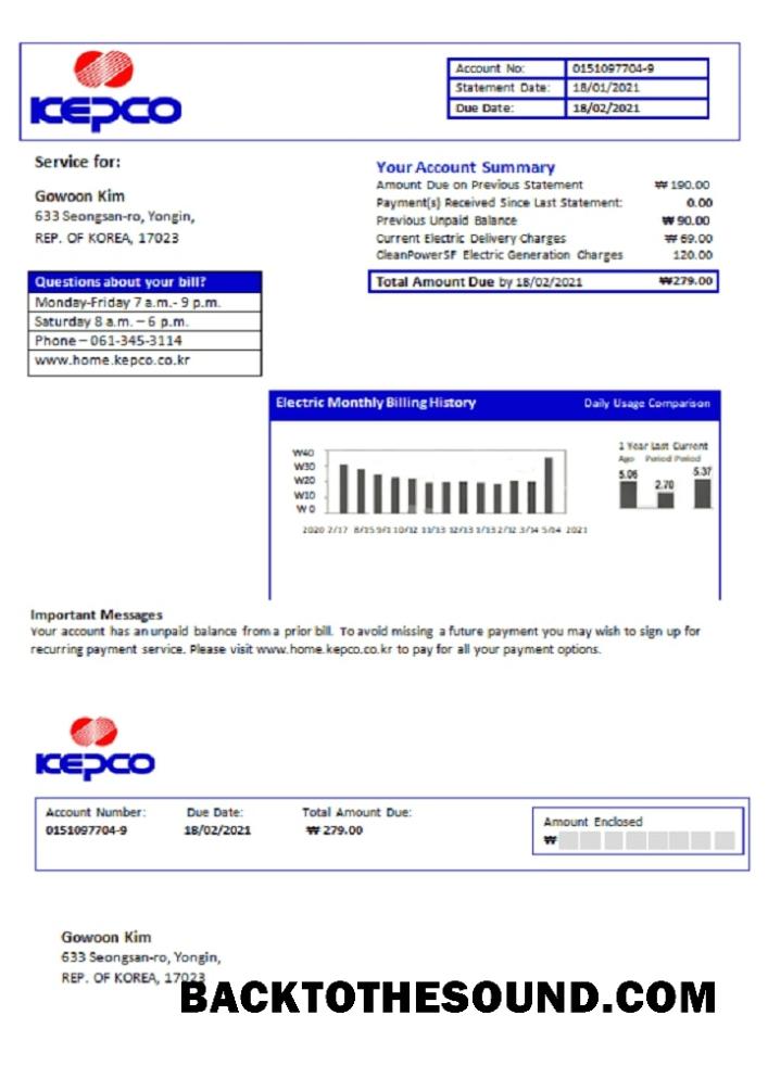 İndir Güney Kore Electric Power Corporation Elektrik Fatura Fatura in Word and PDF Format Örnek şablon