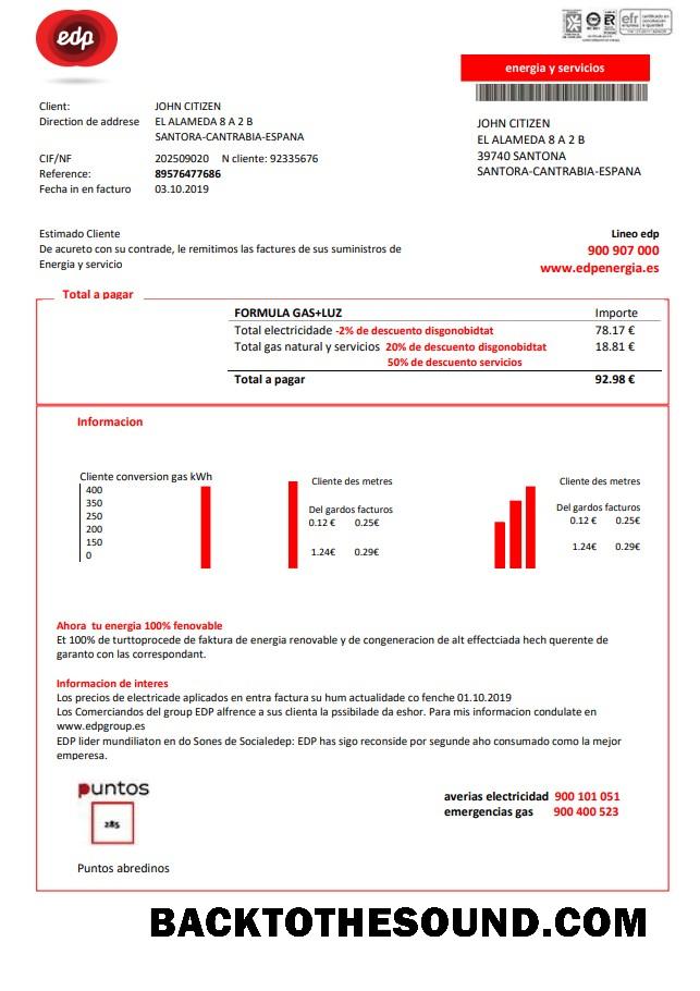 İndir İspanya EDP Energia Fatura Fatura in Word and PDF Format Örnek ön izleme