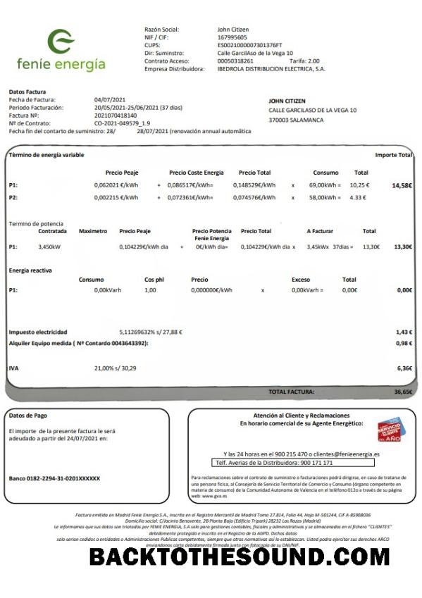 İndir İspanya Feníe Energía Fatura Fatura in Word and PDF Format Örnek taslak