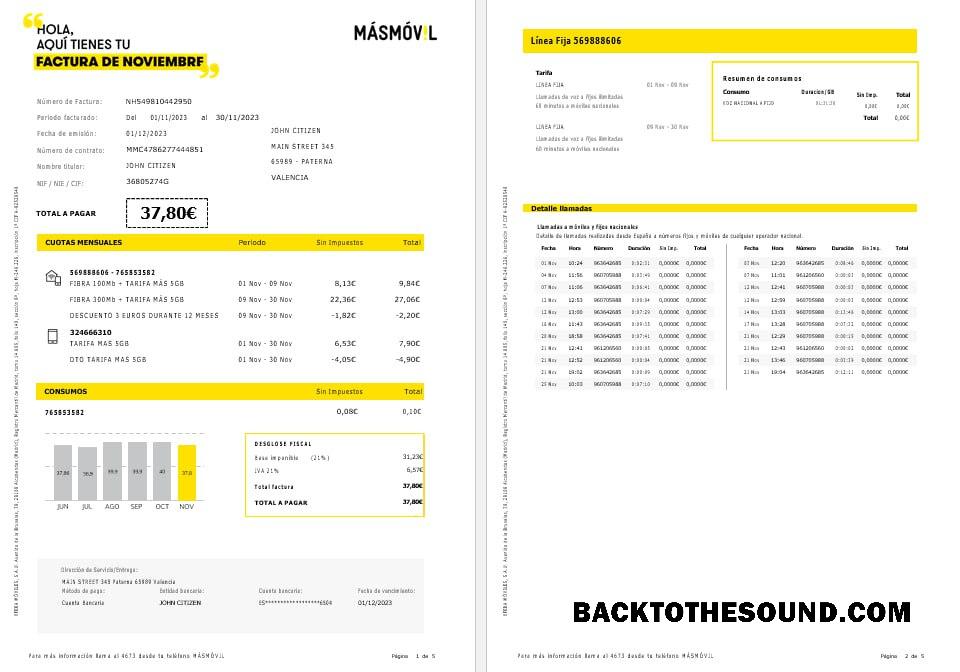 İndir İspanya Masmovil internet and mobile Fatura Fatura Word and PDF Formatlar, 5 pages Örnek örnek