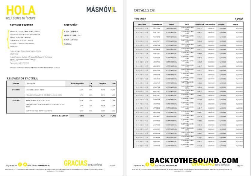 İndir İspanya Masmovil internet Fatura Fatura Word and PDF Formatlar, 6 pages Örnek örnek