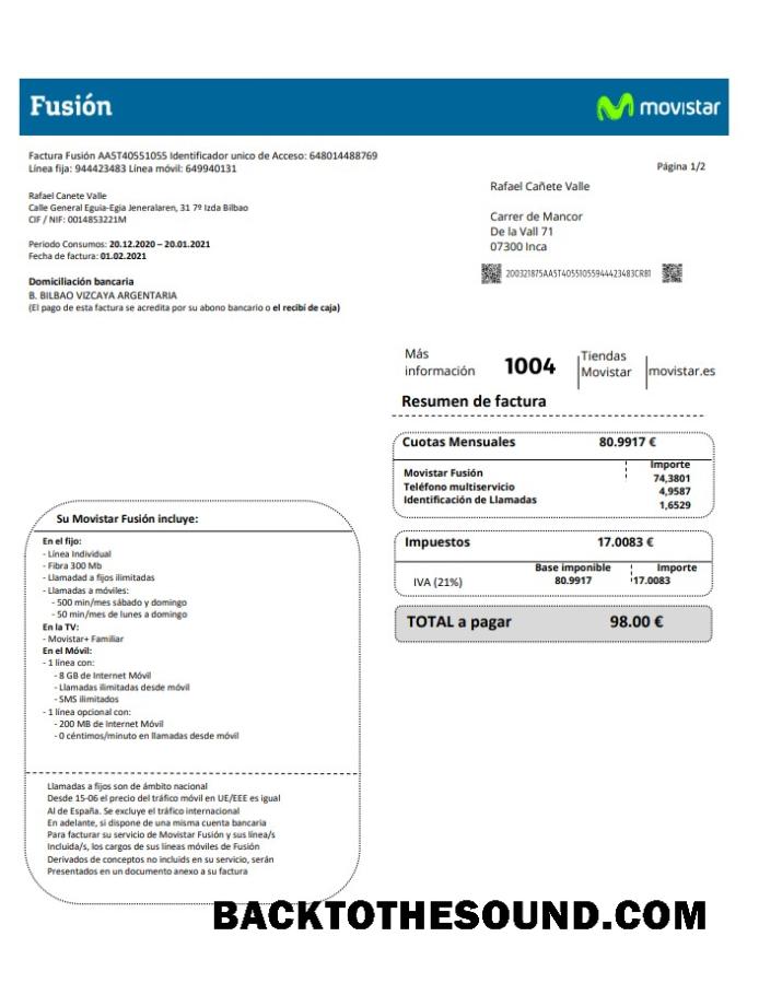 İndir İspanya Movistar Fusion telecom operator Fatura Fatura Belge in Word and PDF Format Örnek tasarım
