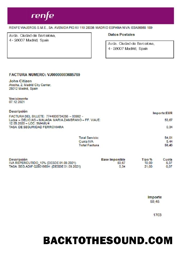 İndir İspanya Renfe Fatura Fatura in Word and PDF Format Örnek örnek