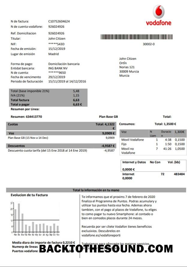İndir İspanya Vodafone telecommunications Fatura Fatura in Word and PDF Format Örnek örnek