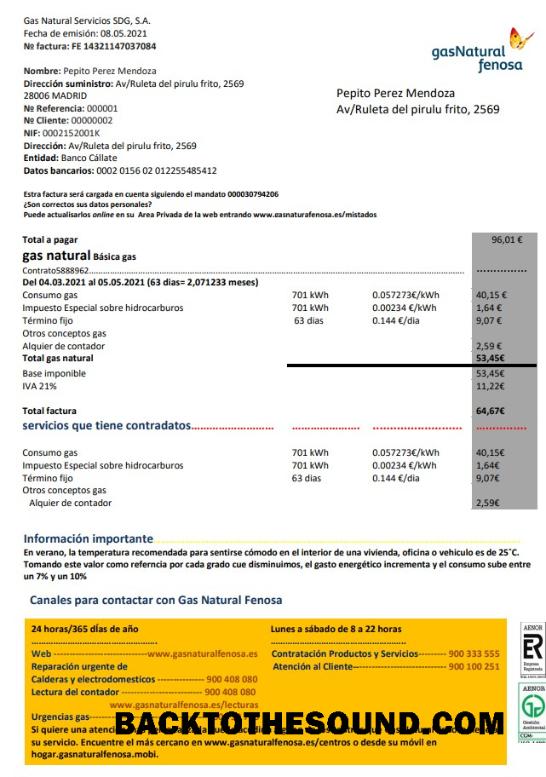 İndir İspanya gasNatural fenosa Fatura Fatura in Word and PDF Format Örnek şablon