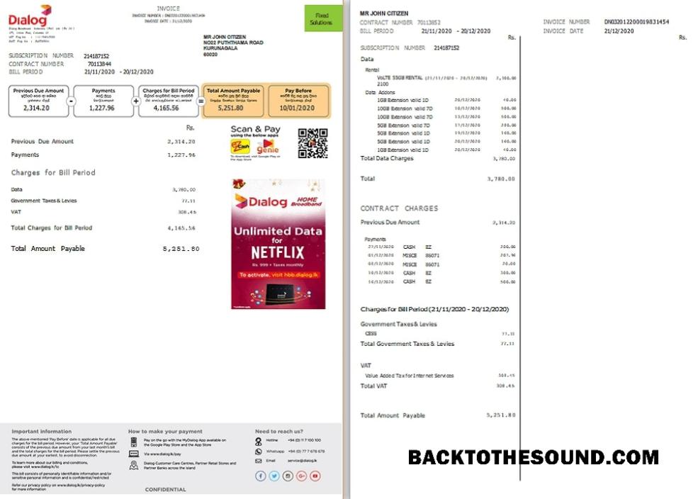 İndir Sri Lanka Dialog Fatura Fatura in Word and PDF Format (2 pages) Örnek ön izleme