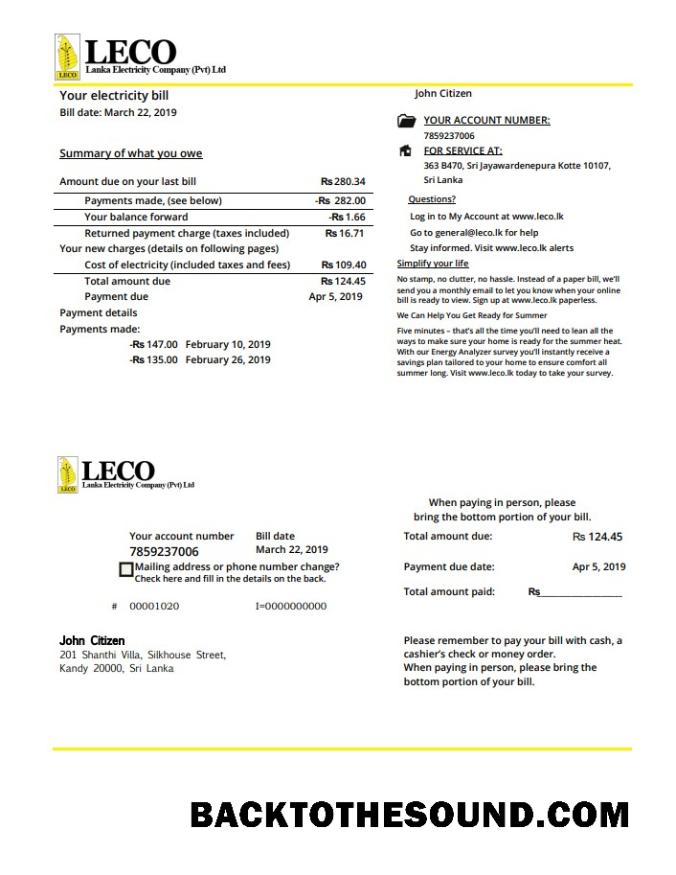 İndir Sri Lanka LECO Şirket Elektrik Fatura Fatura in Word and PDF Format Örnek tasarım