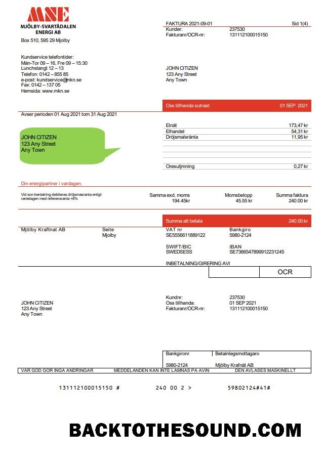 İndir İsveç Mjölby Kraftnat AB Fatura Fatura in .doc and .PDF Format Örnek örnek
