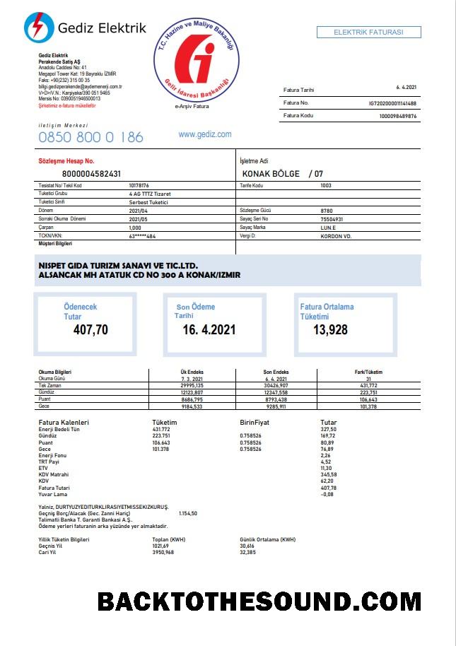 İndir Türkiye Gediz Elektrik Fatura Fatura in Word and PDF Format, fully Düzenlenebilir Örnek tasarım