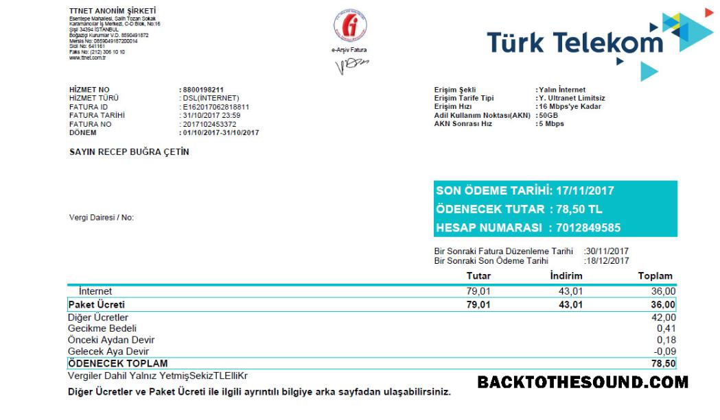 İndir Türkiye Turktelekom Fatura Fatura in Word and PDF Format, fully Düzenlenebilir Örnek örnek