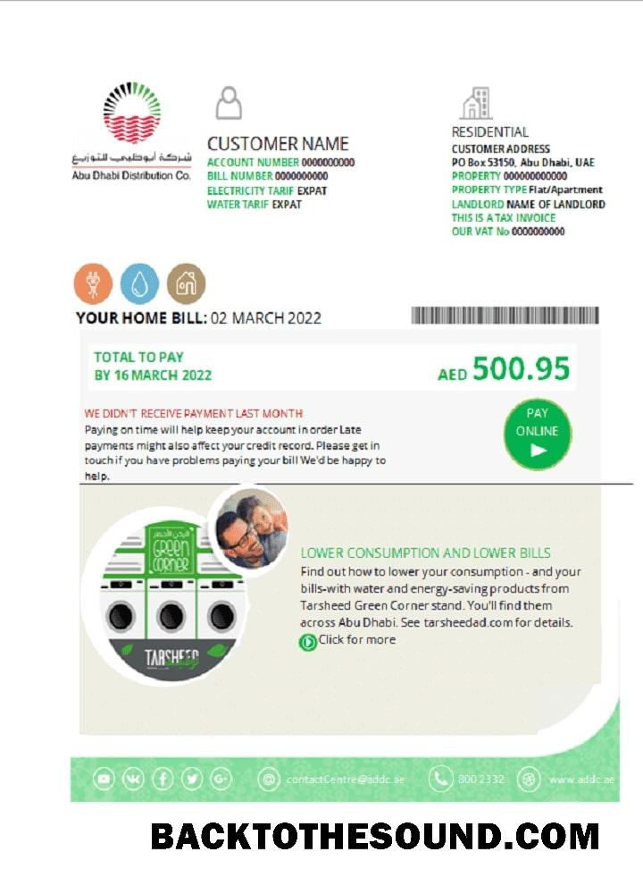 İndir BAE Abu Dhabi Distribution Co. Fatura Fatura in Word and PDF Format Örnek ön izleme