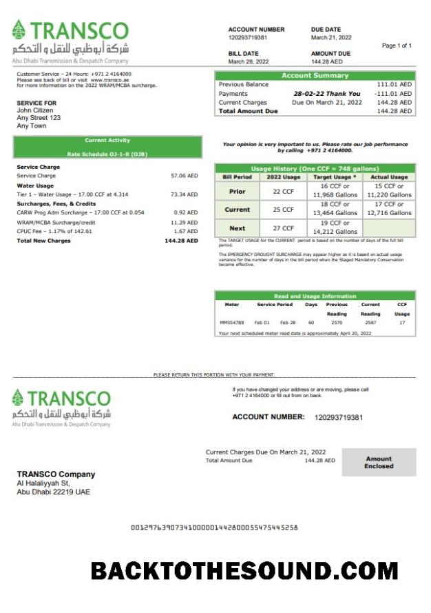 İndir BAE Abu Dhabi Transmission & Despatch Şirket (TRANSCO) Fatura Fatura in Word and PDF Format Örnek ön izleme
