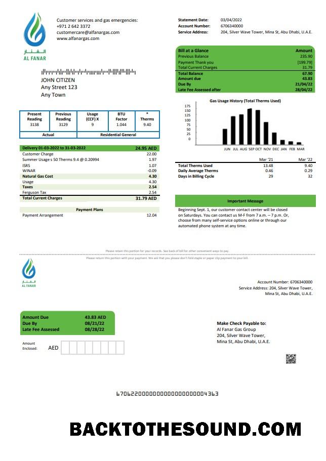 İndir BAE Al Fanar Gaz Group Fatura Fatura in Word and PDF Format Örnek tasarım