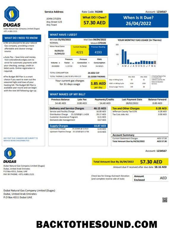 İndir BAE Dubai Natural Gaz Şirket Limited (Dugas) Fatura Fatura in Word and PDF Format Örnek örnek