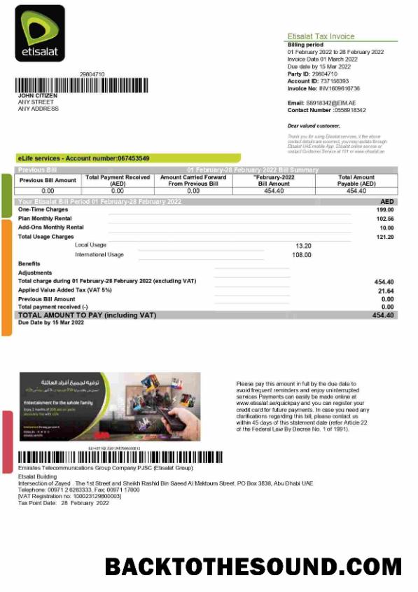 İndir BAE Etisalat Fatura Fatura in Word and PDF Format Örnek taslak