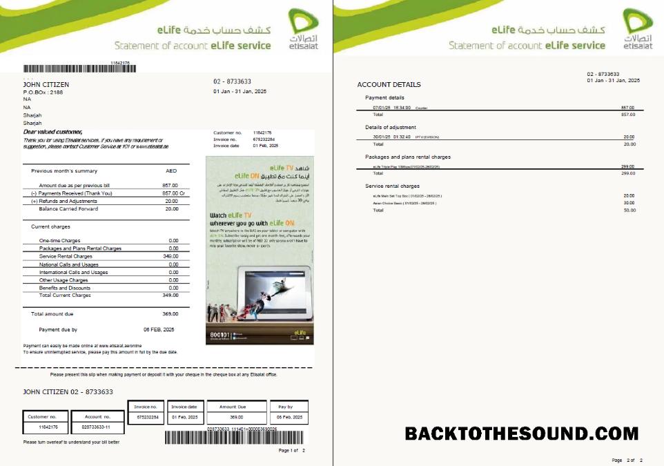 İndir BAE Etisalat Fatura Fatura in Word and PDF Formatlar, 2 pages, Sürüm 2 Örnek ön izleme